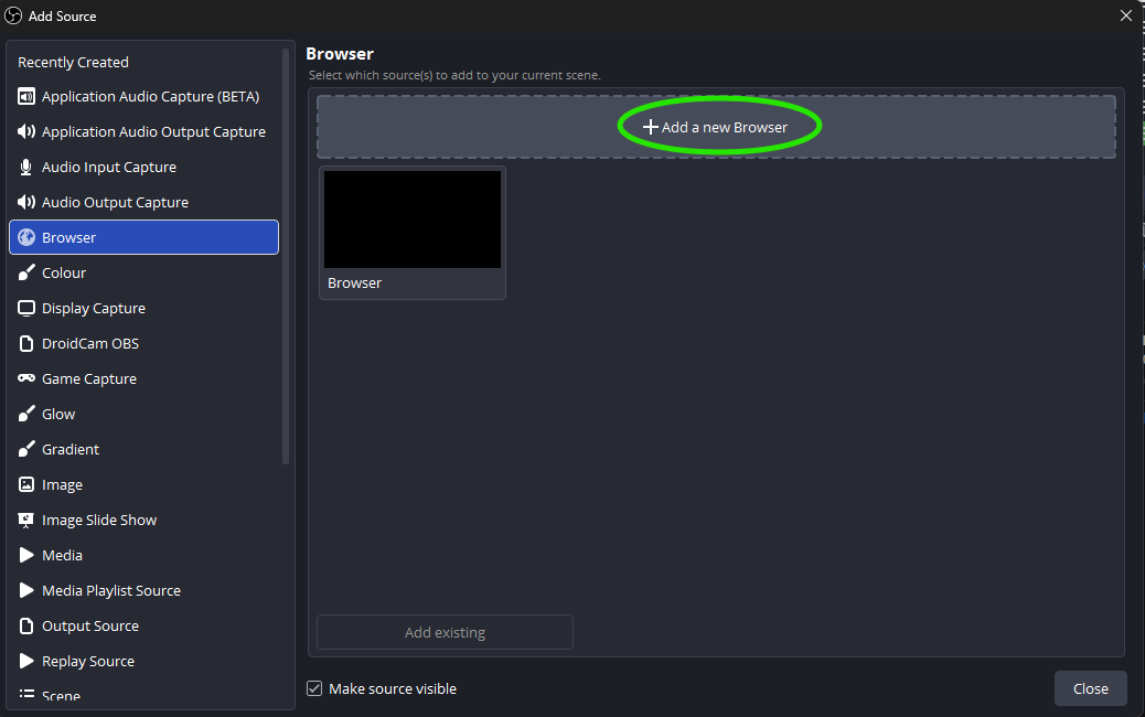 OBS add a new browser source dialog