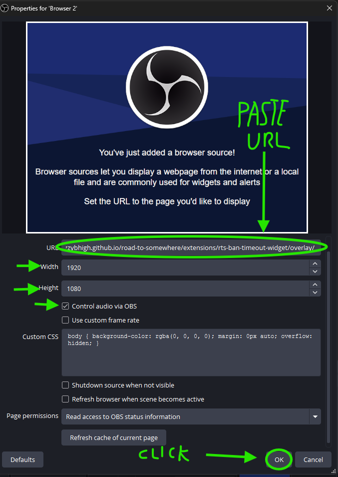 OBS browser source settings dialog