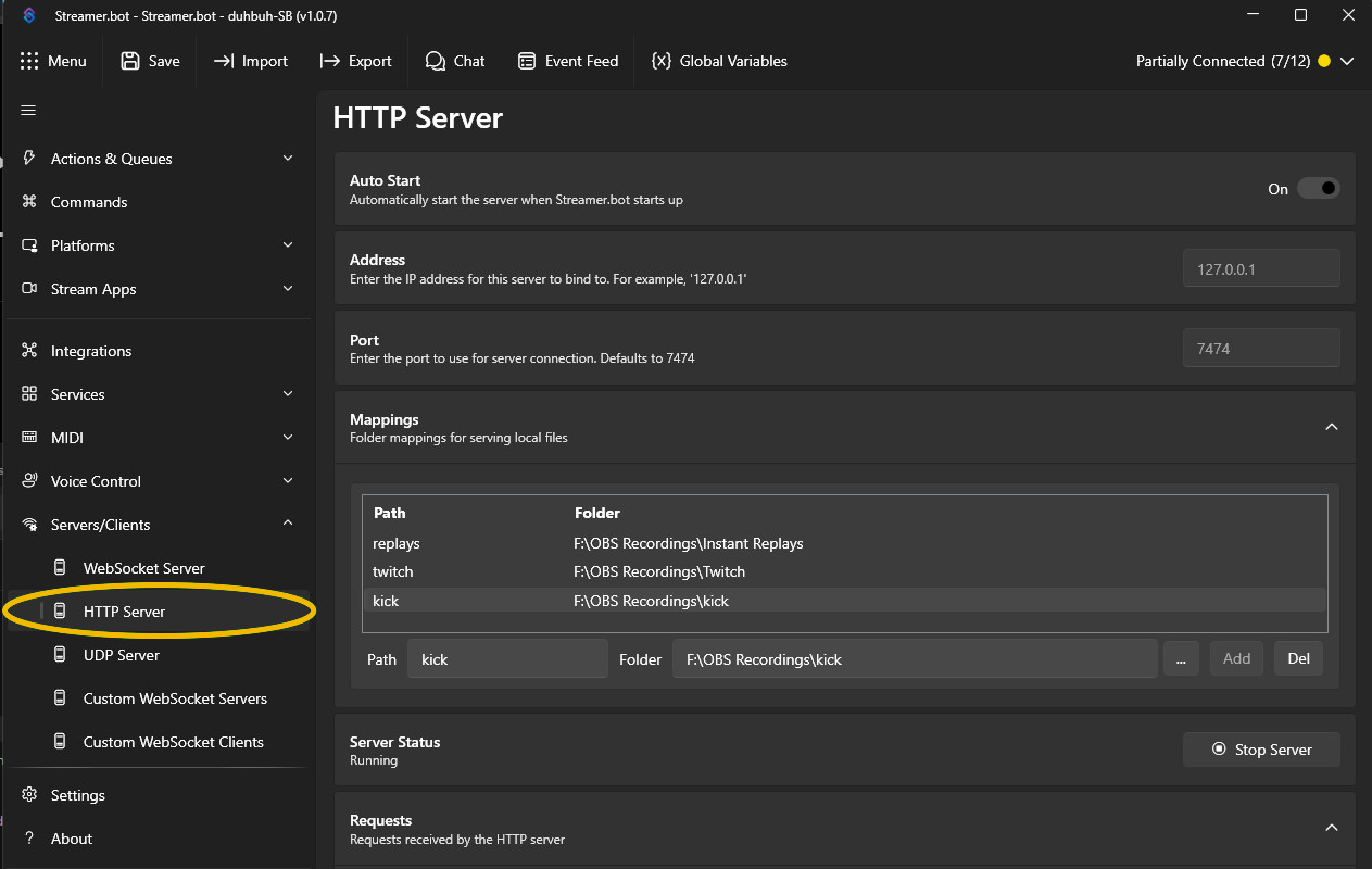 Setting up the HTTP Server in Streamer.bot