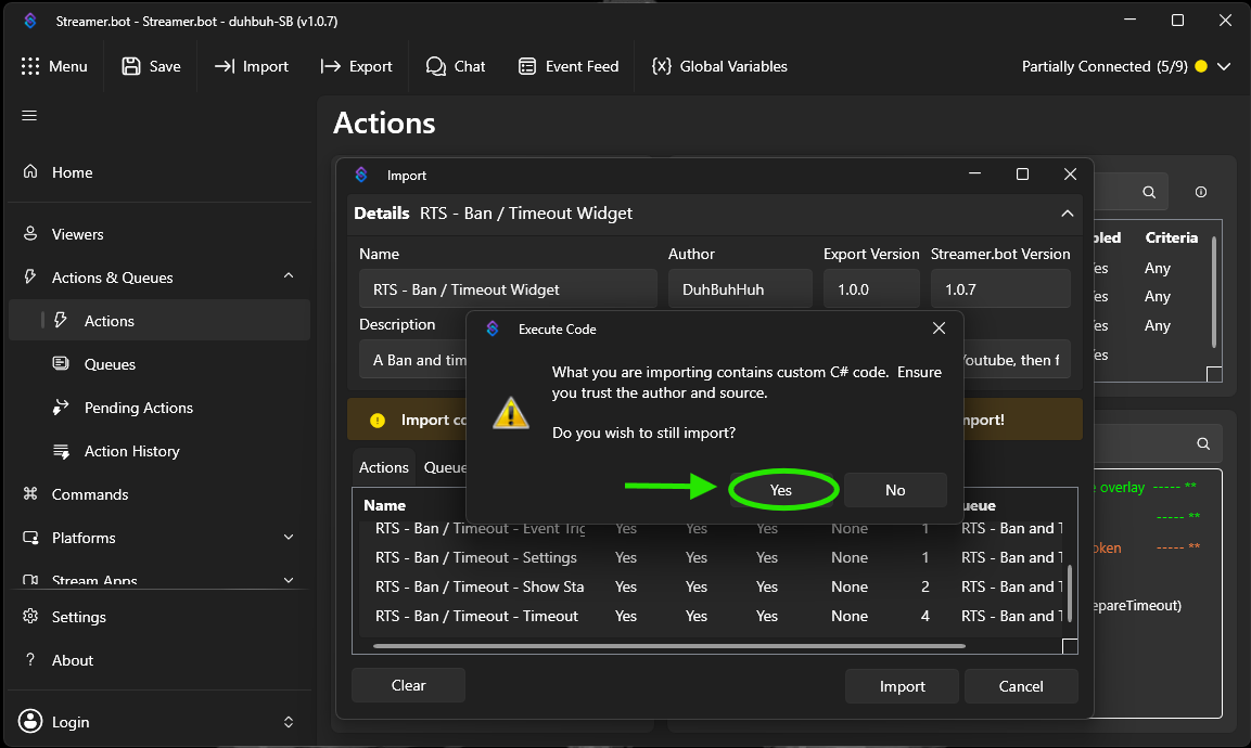 Streamer.bot second import confirmation dialog