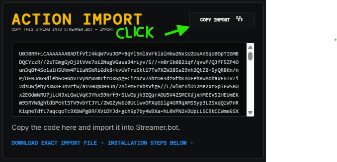 The RTS extension import code with an arrow pointing to the import code button