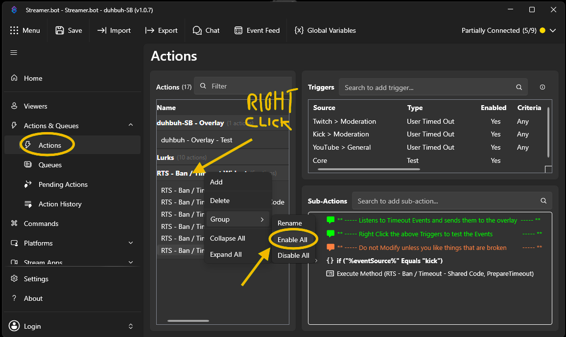 Streamer.bot imported RTS actions being enabled