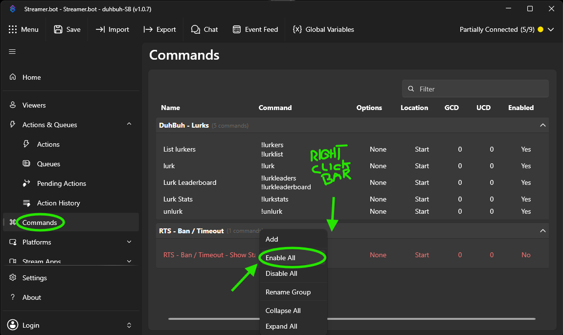 Streamer.bot commands showing the imported RTS extension commands