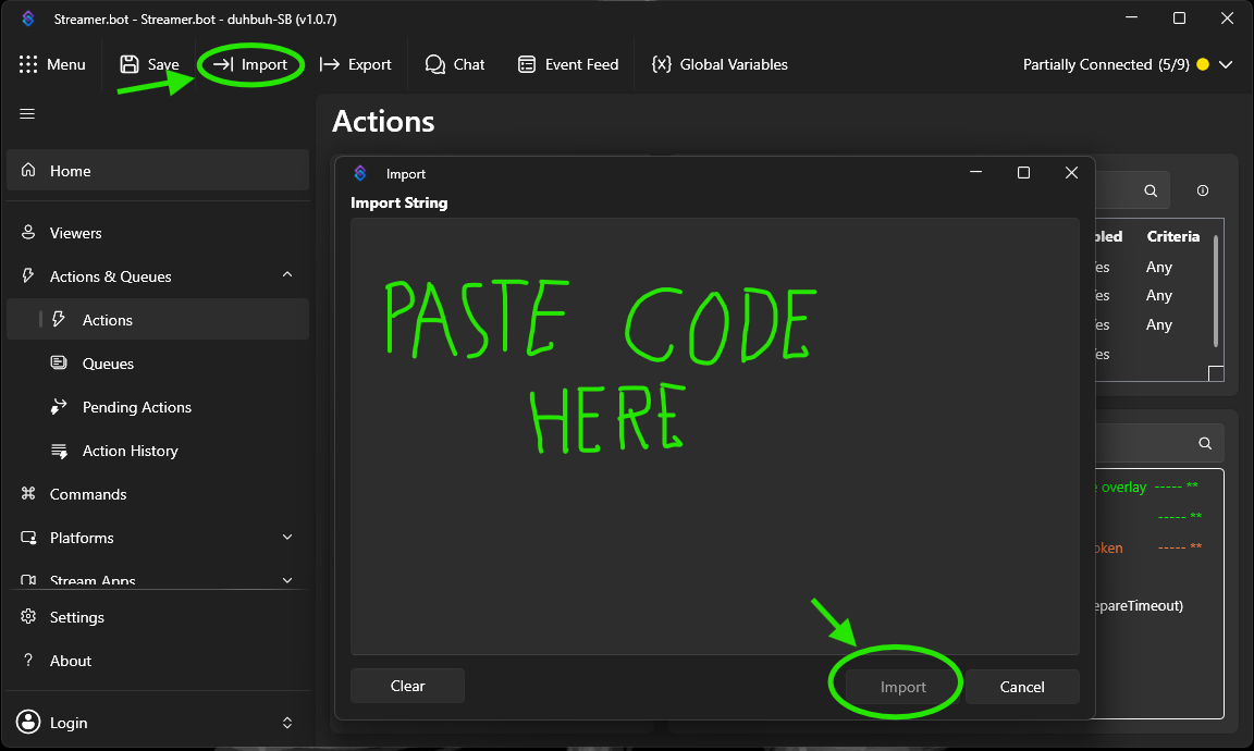 Streamer.bot import screen showing the RTS extension import code