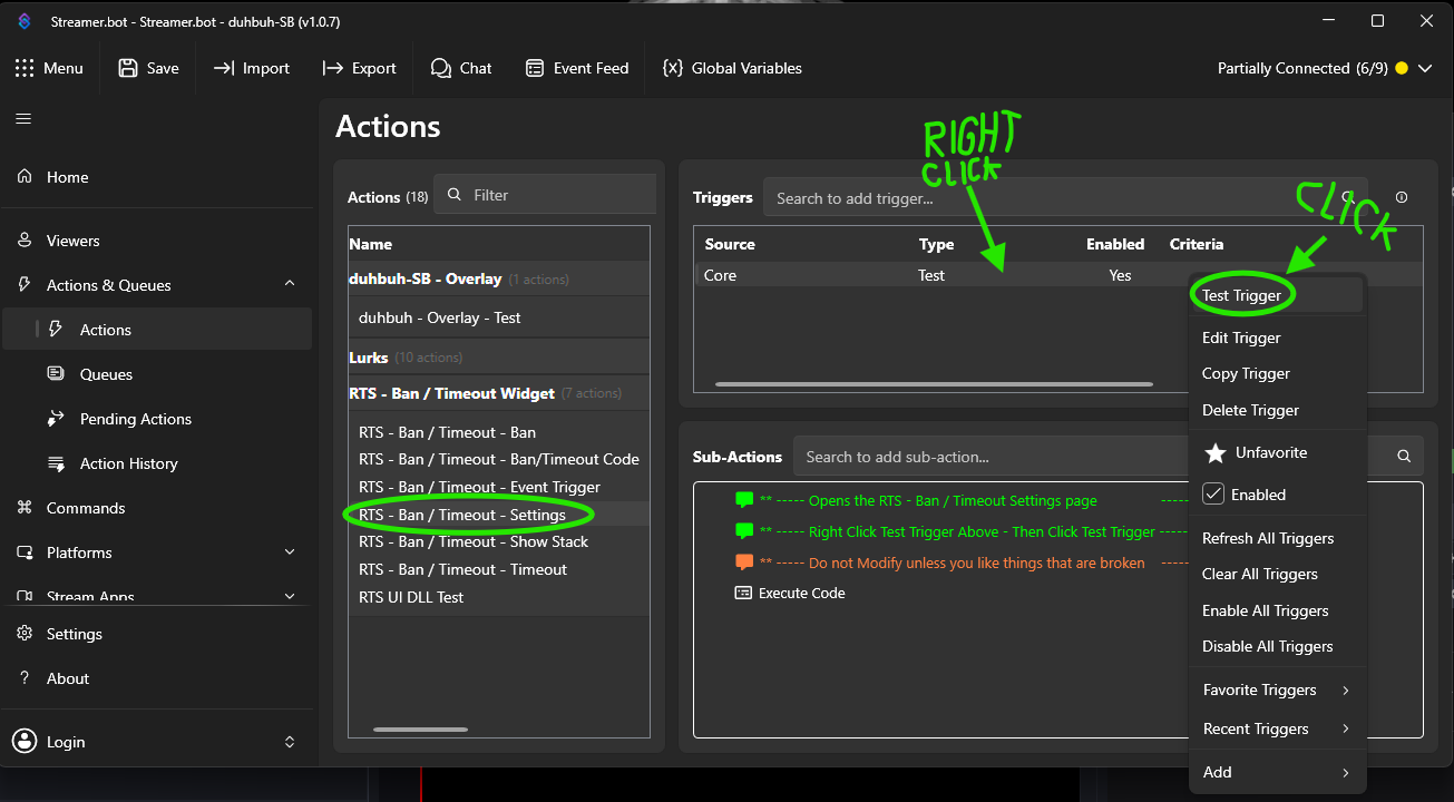 Streamer.bot extension settings trigger