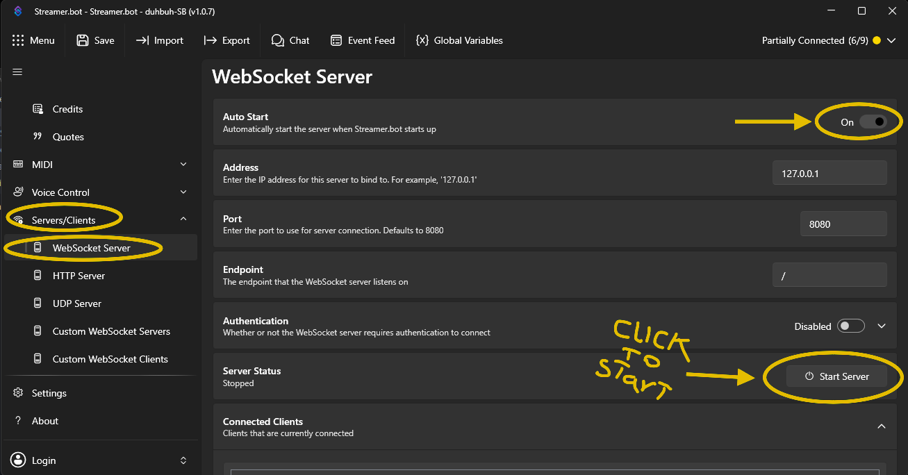 Streamer.bot WebSocket Server Settings
