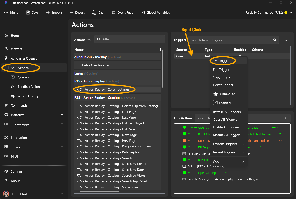 Streamer.bot commands showing the imported RTS Action Replay commands