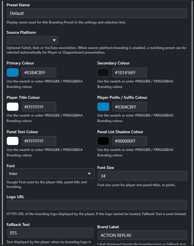 Screenshot for Branding Presets settings