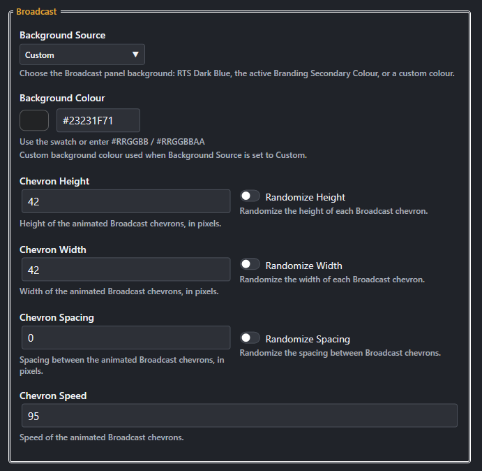 Screenshot for Broadcast Design Preset settings