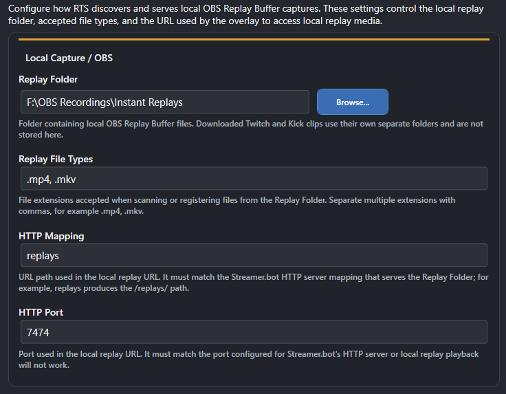 Screenshot of settings for Local Capture
