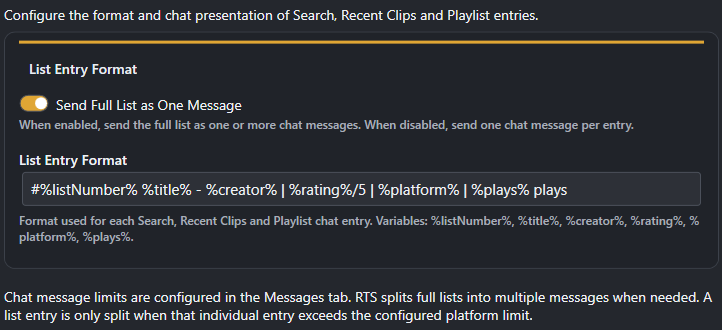 Screenshot for List Entry Format settings
