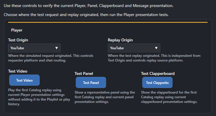 Screenshot for Player and element Testing options