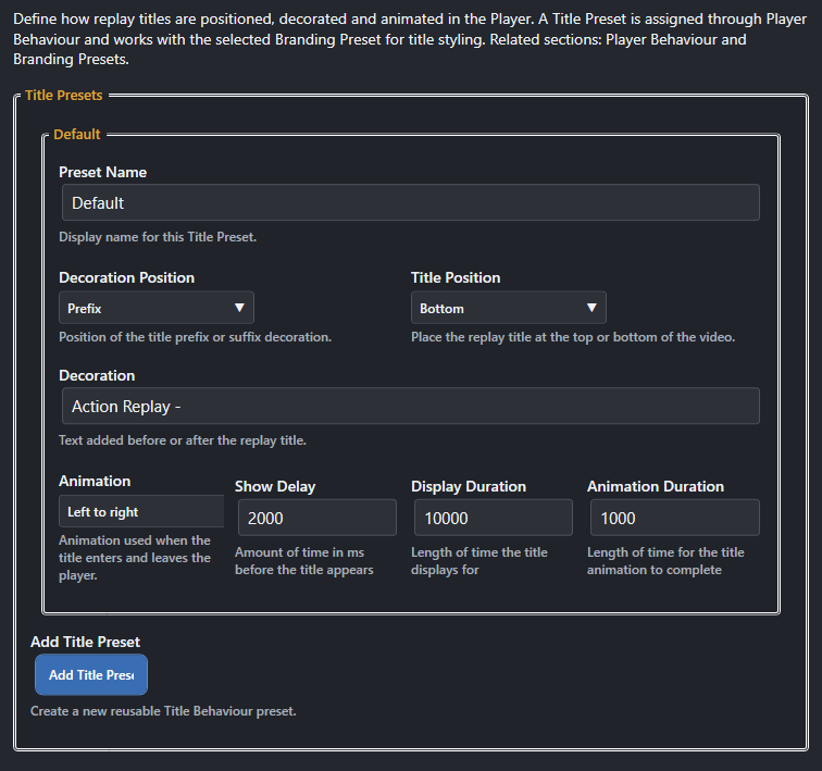 Screenshot for the Title Presets settings